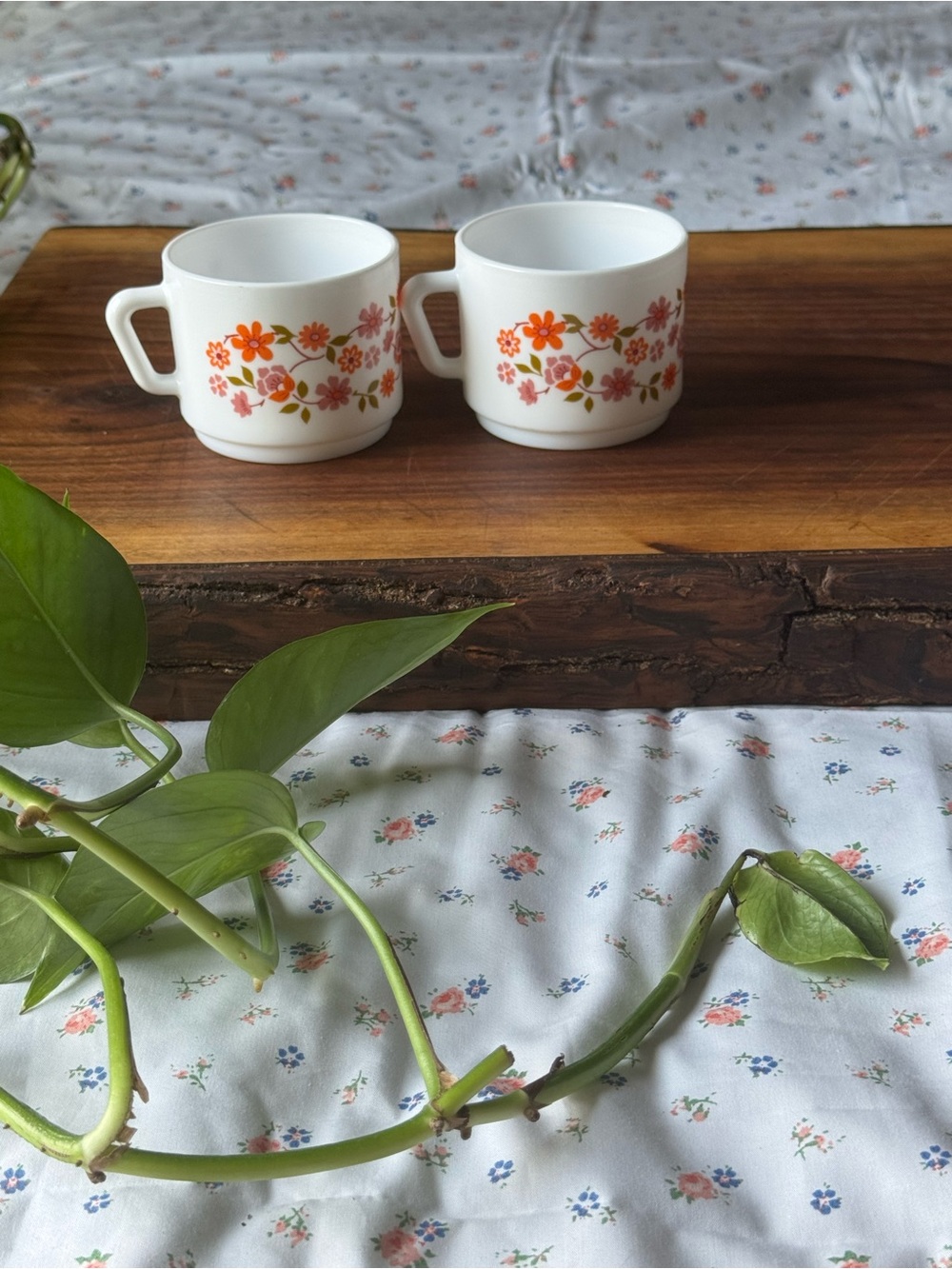 Arcopal FRANCE White Ceramic Mugs with Orange & Pink Floral Band - Set of 2